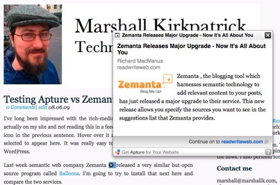 Here's how a link I added to an RWW post about Zemanta looks....in Apture!
